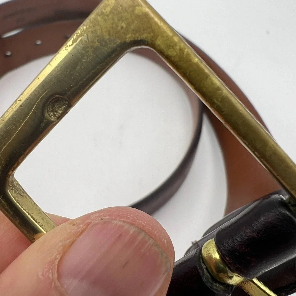Lands End Brown Leather Belt Men's 32 Solid‎ Brass Hardware 1